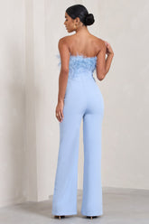 Blue Bandeau Feather Wide Leg jumpsuit
